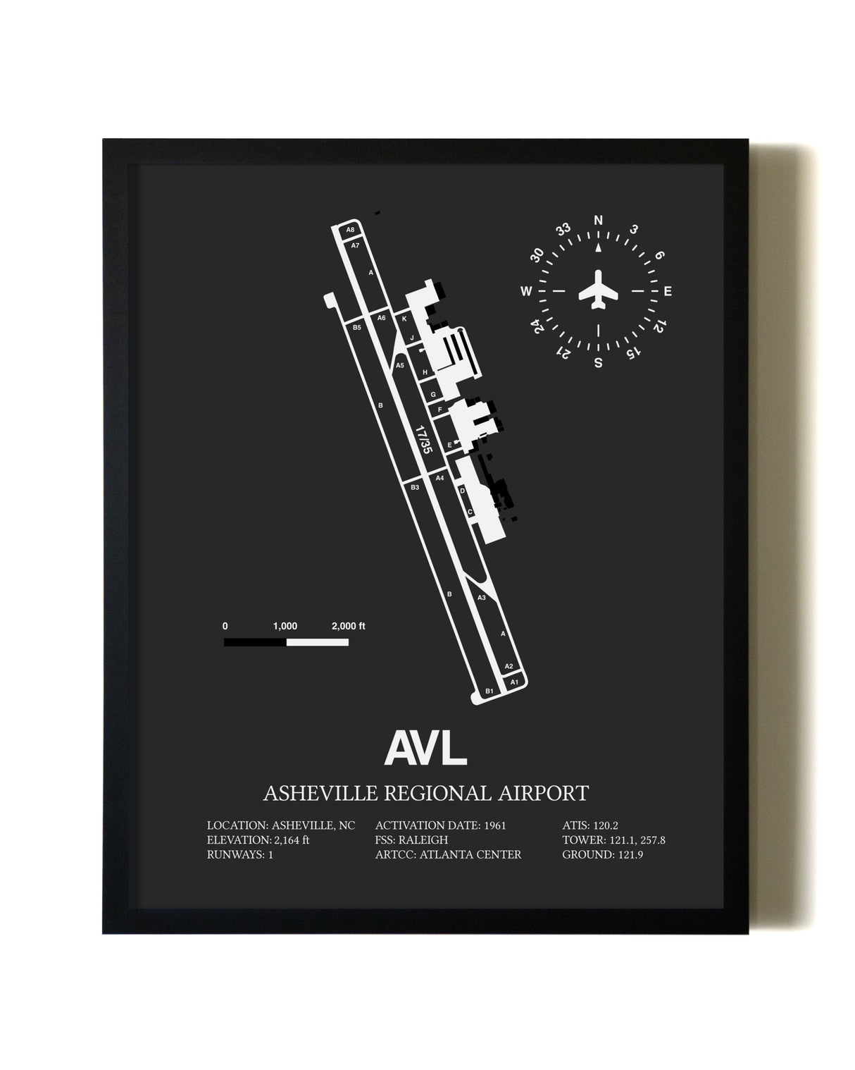 Unframed Asheville Regional Airport map print poster
