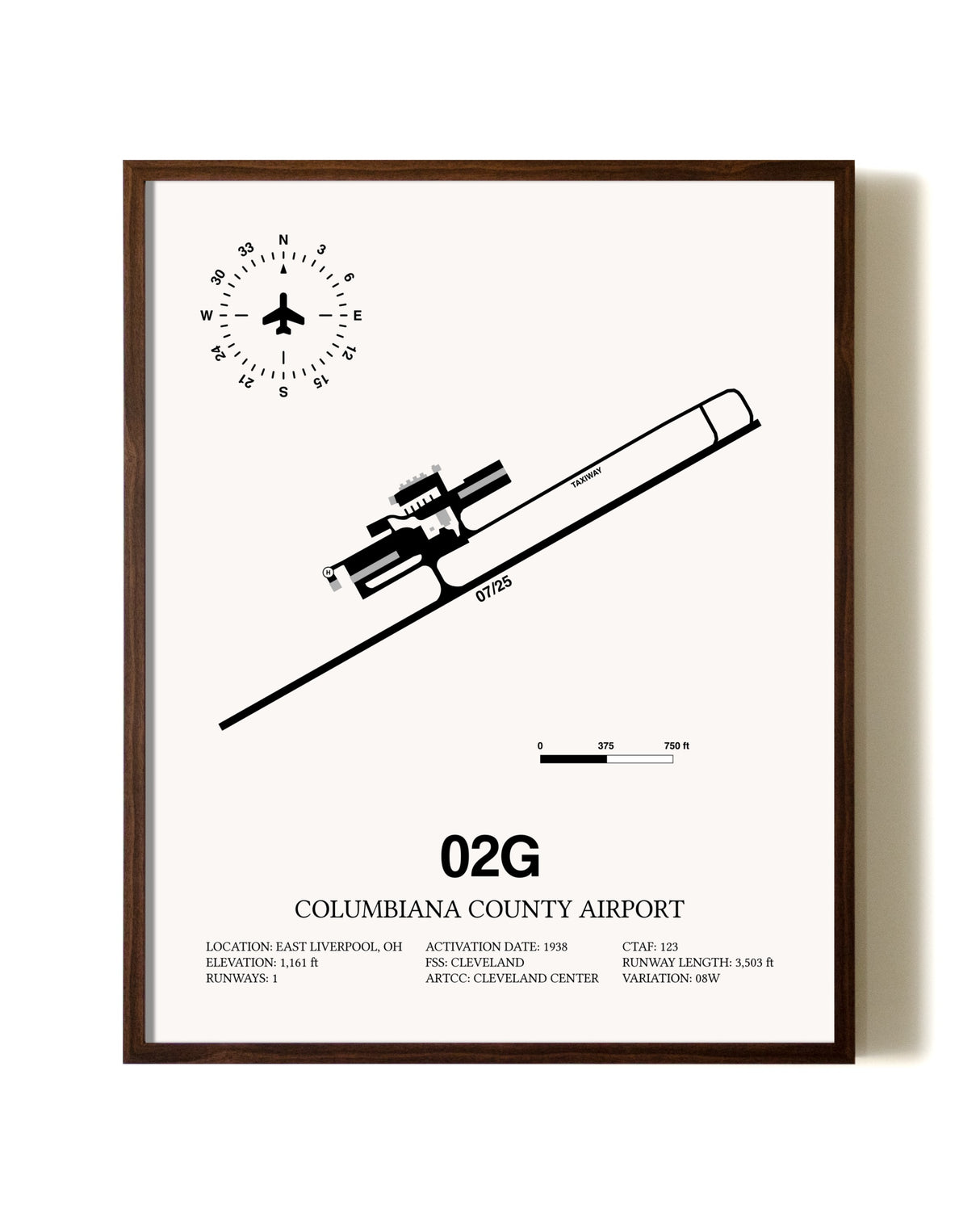 Columbiana County Airport aviation print in walnut frame