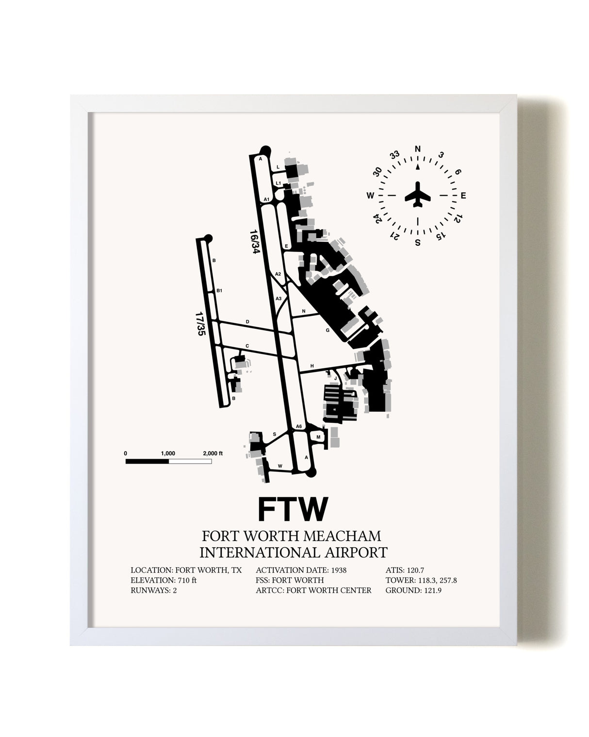 Fort Worth Meacham International Airport airport map poster in oak frame