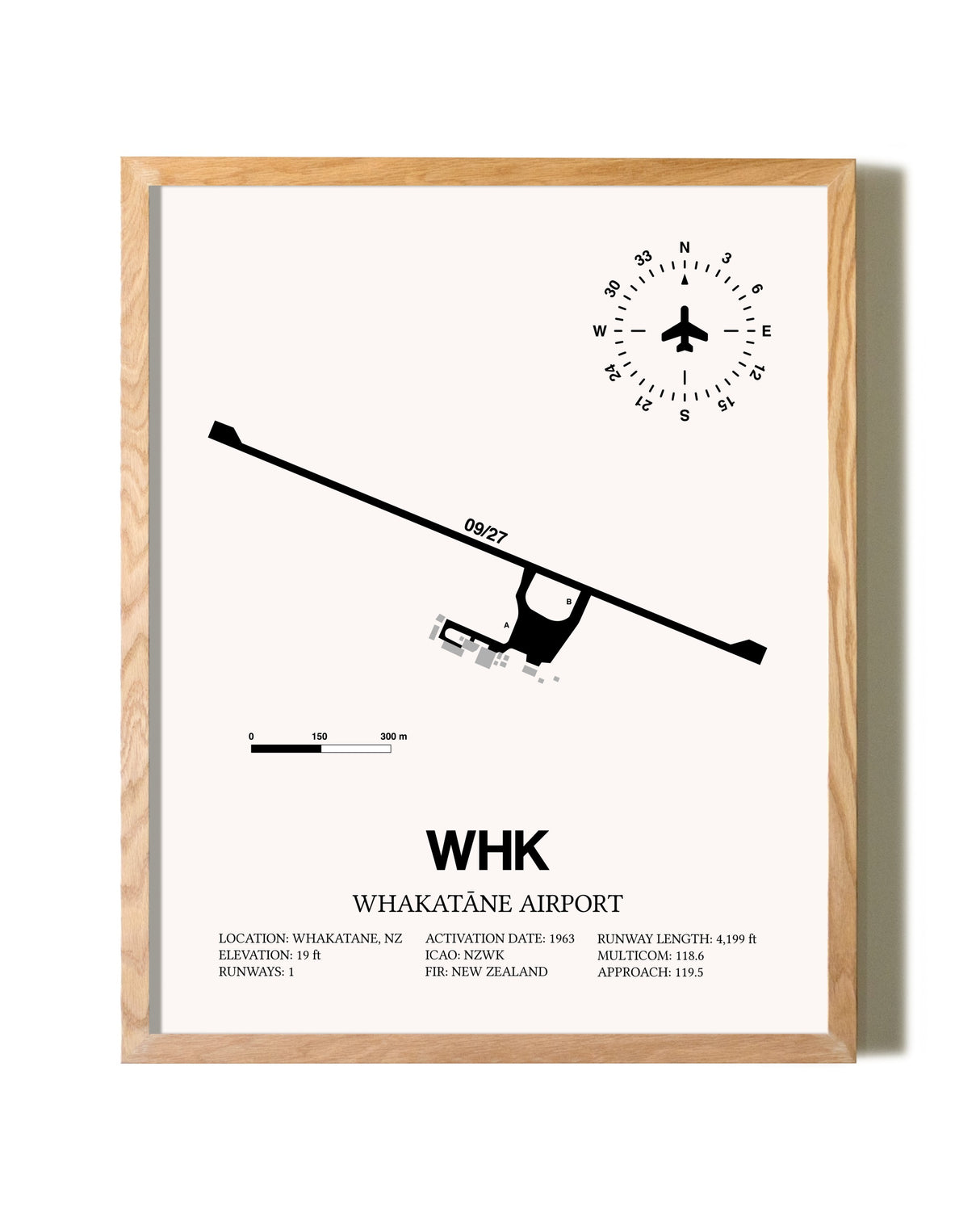 Whakatane Airport framed print in natural wood frame