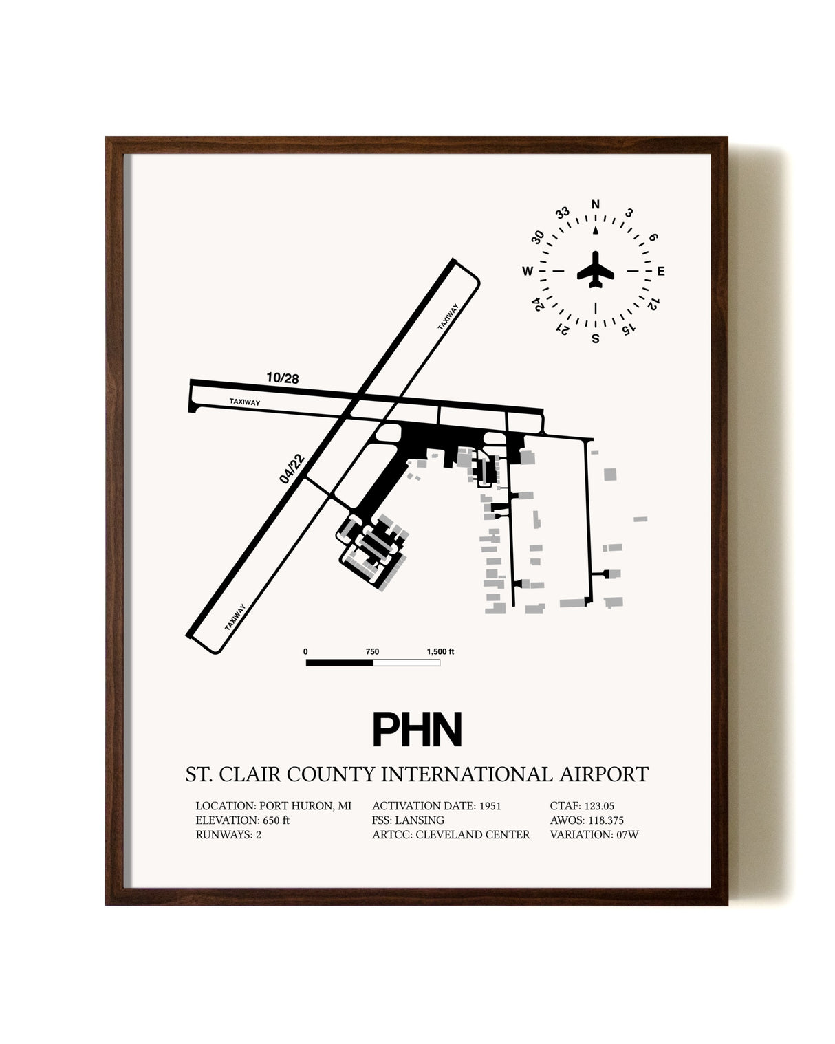 St. Clair County International Airport aviation print in walnut frame
