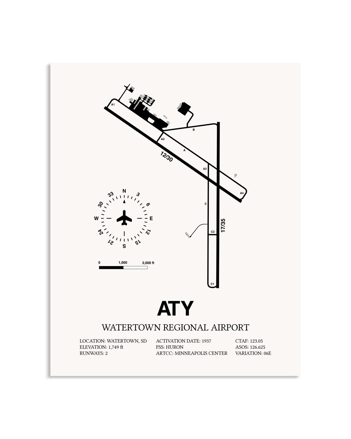 Gray Watertown Regional Airport framed poster displayed in an airplane hangar