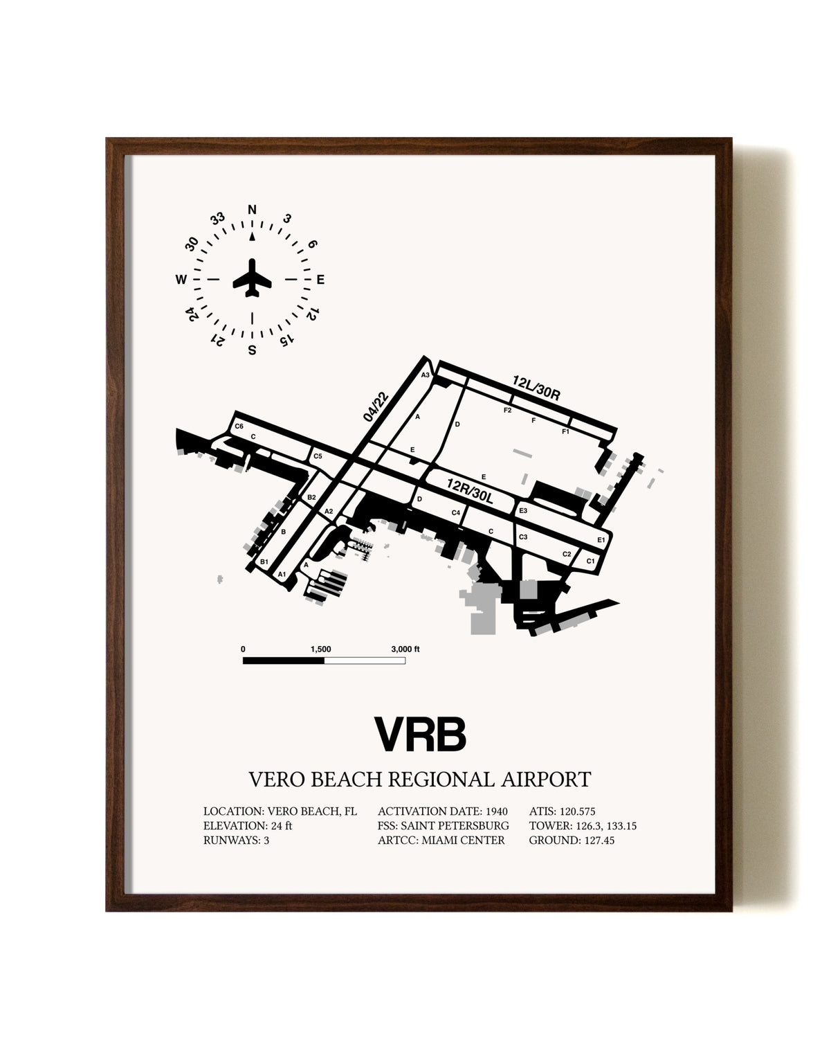 Vero Beach Regional Airport aviation print in walnut frame