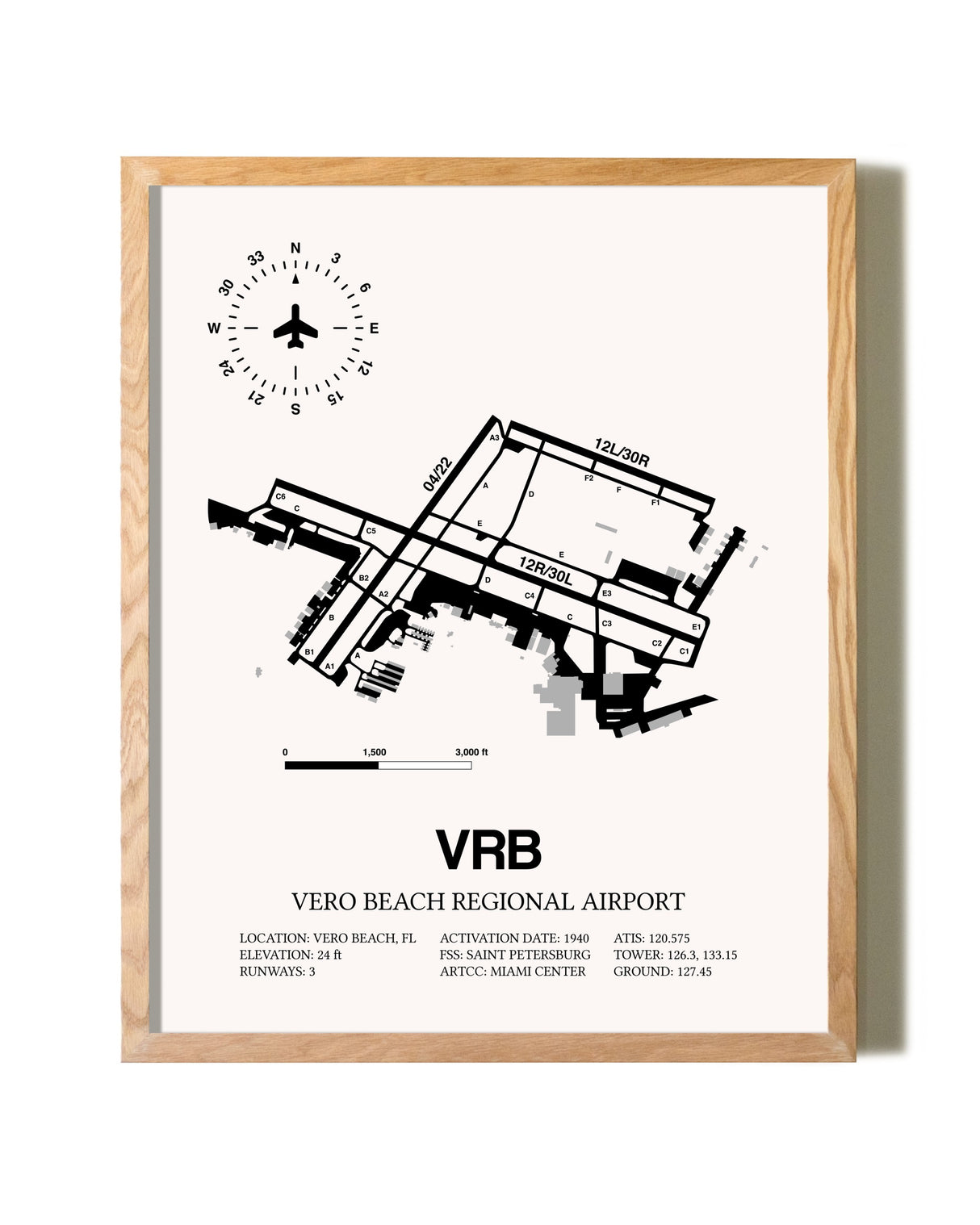 Vero Beach Regional Airport framed print in natural wood frame