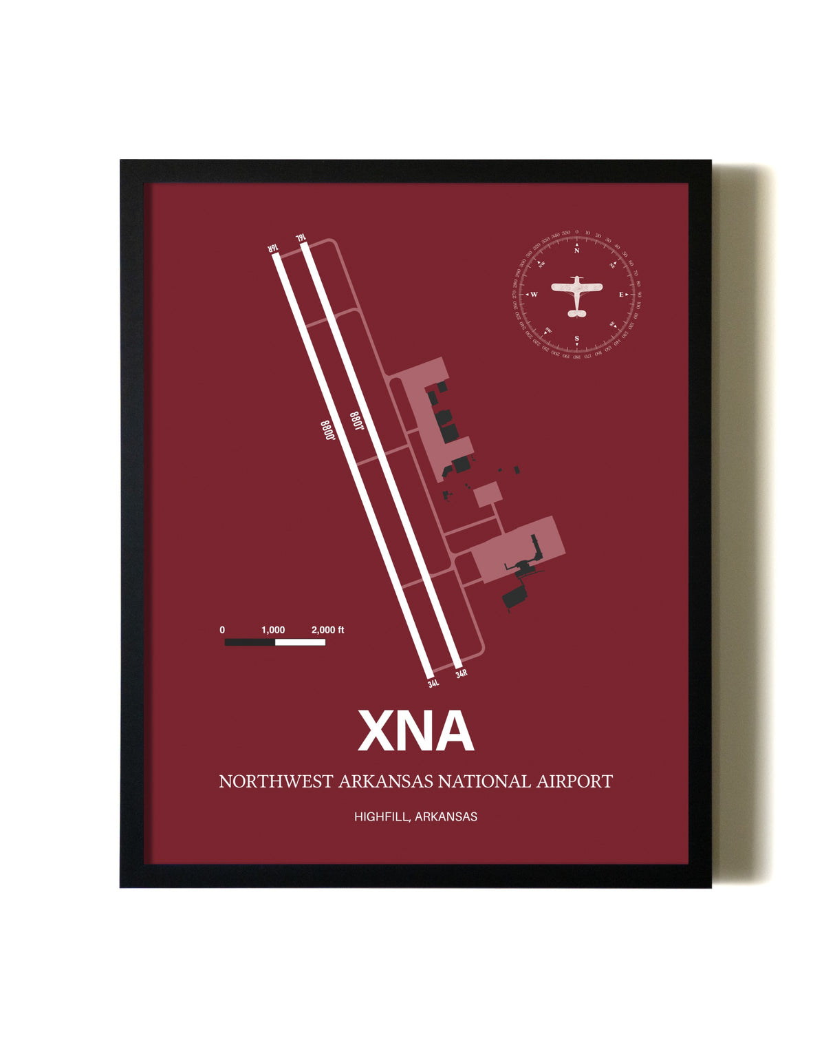 Red Framed Northwest Arkansas National Airport wall art poster in black frame