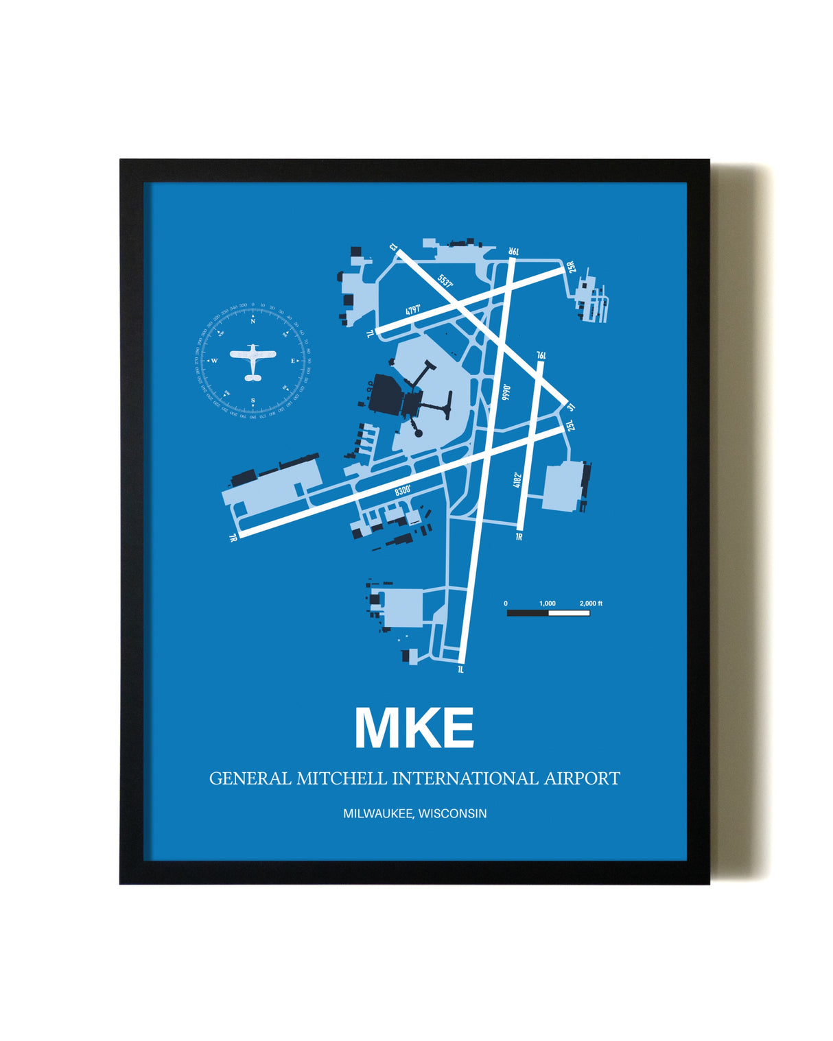 Sky Blue General Mitchell International Airport aviation wall décor in black wood frame