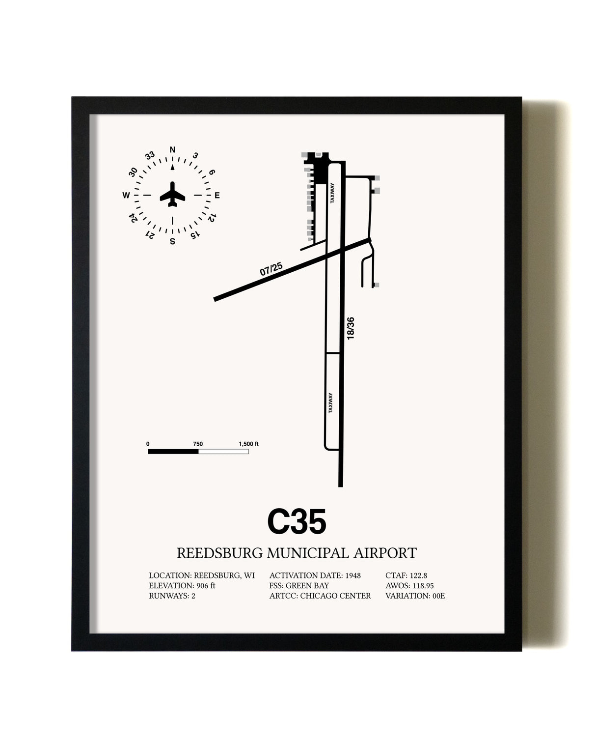 Framed Reedsburg Municipal Airport wall art poster in black frame