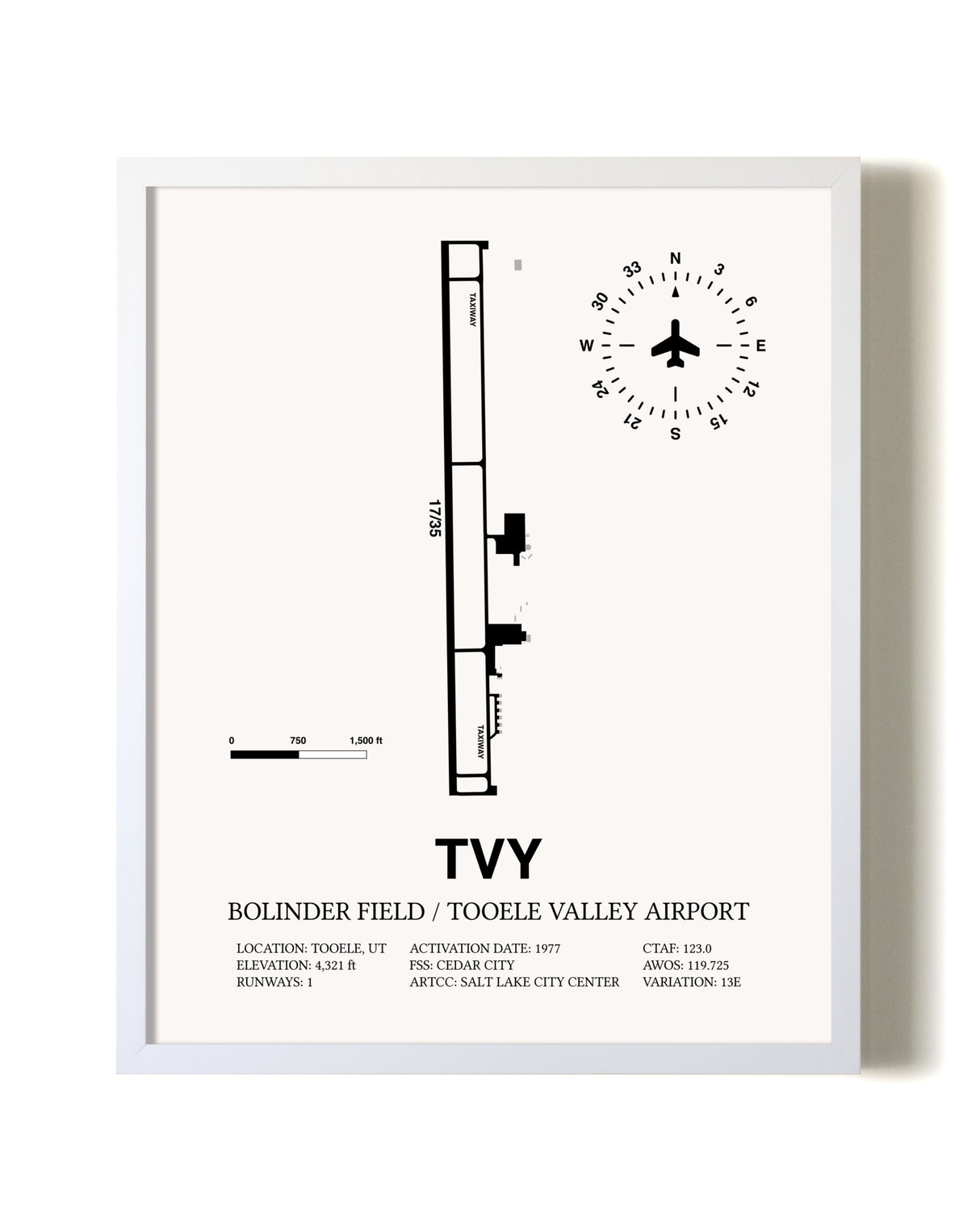 Bolinder Field / Tooele Valley Airport airport map poster in oak frame