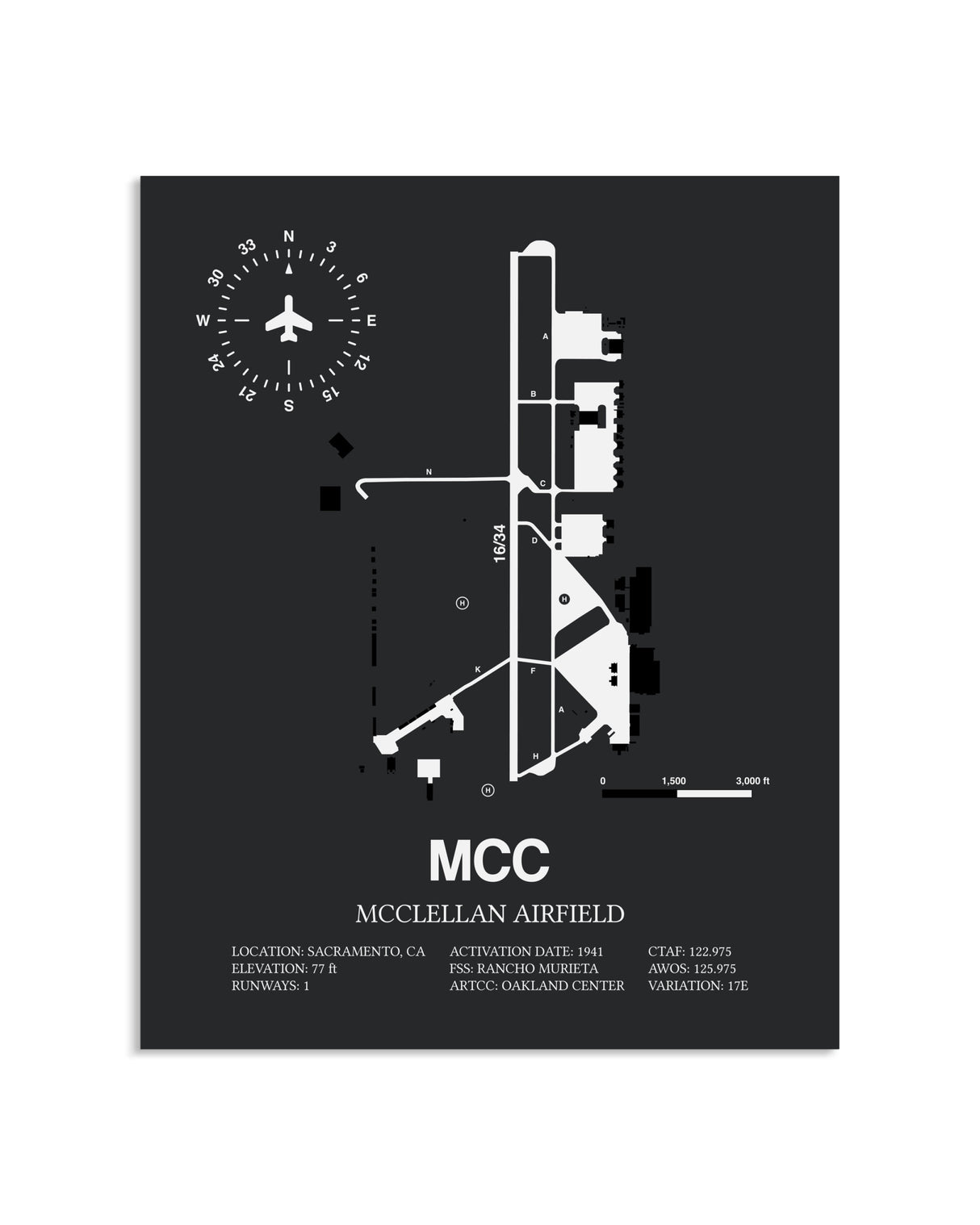 Gray Framed McClellan Airfield layout wall art poster