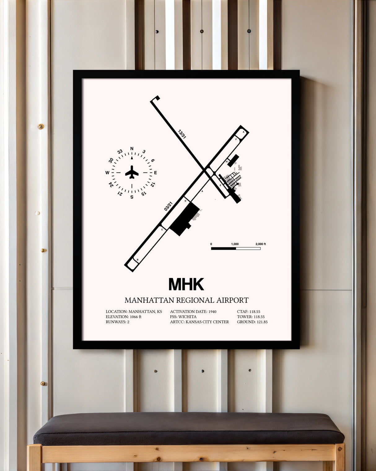 Manhattan Regional Airport framed poster displayed in an airplane hangar
