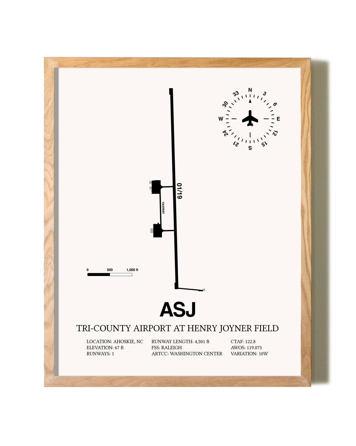 Tri-County Airport At Henry Joyner Field framed print in natural wood frame