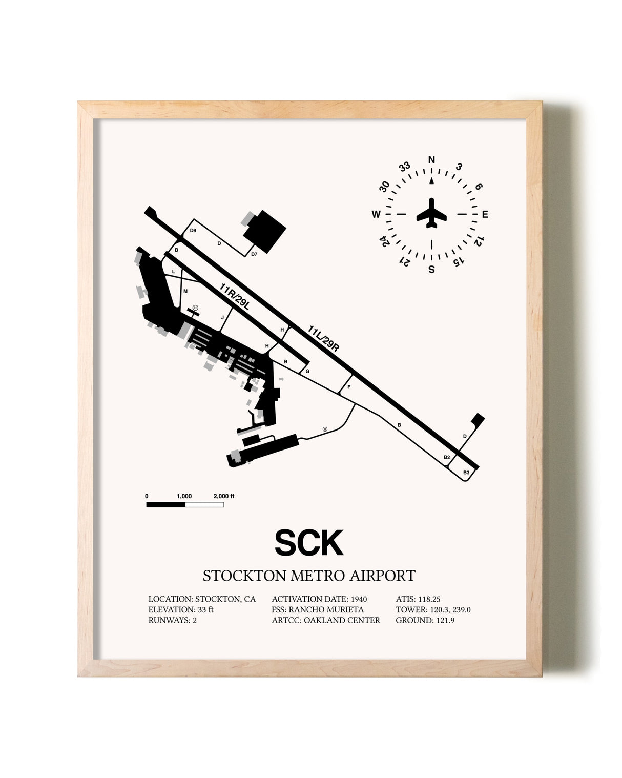 Stockton Metro Airport framed wall art in white frame