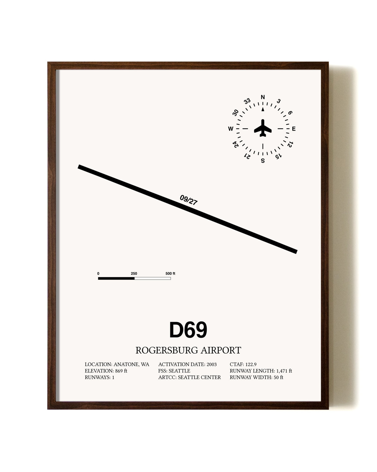 Rogersburg Airport aviation print in walnut frame