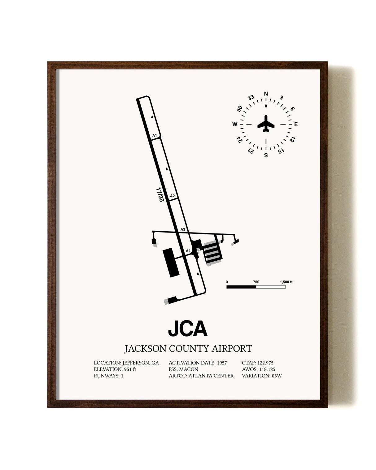 Jackson County Airport aviation print in walnut frame