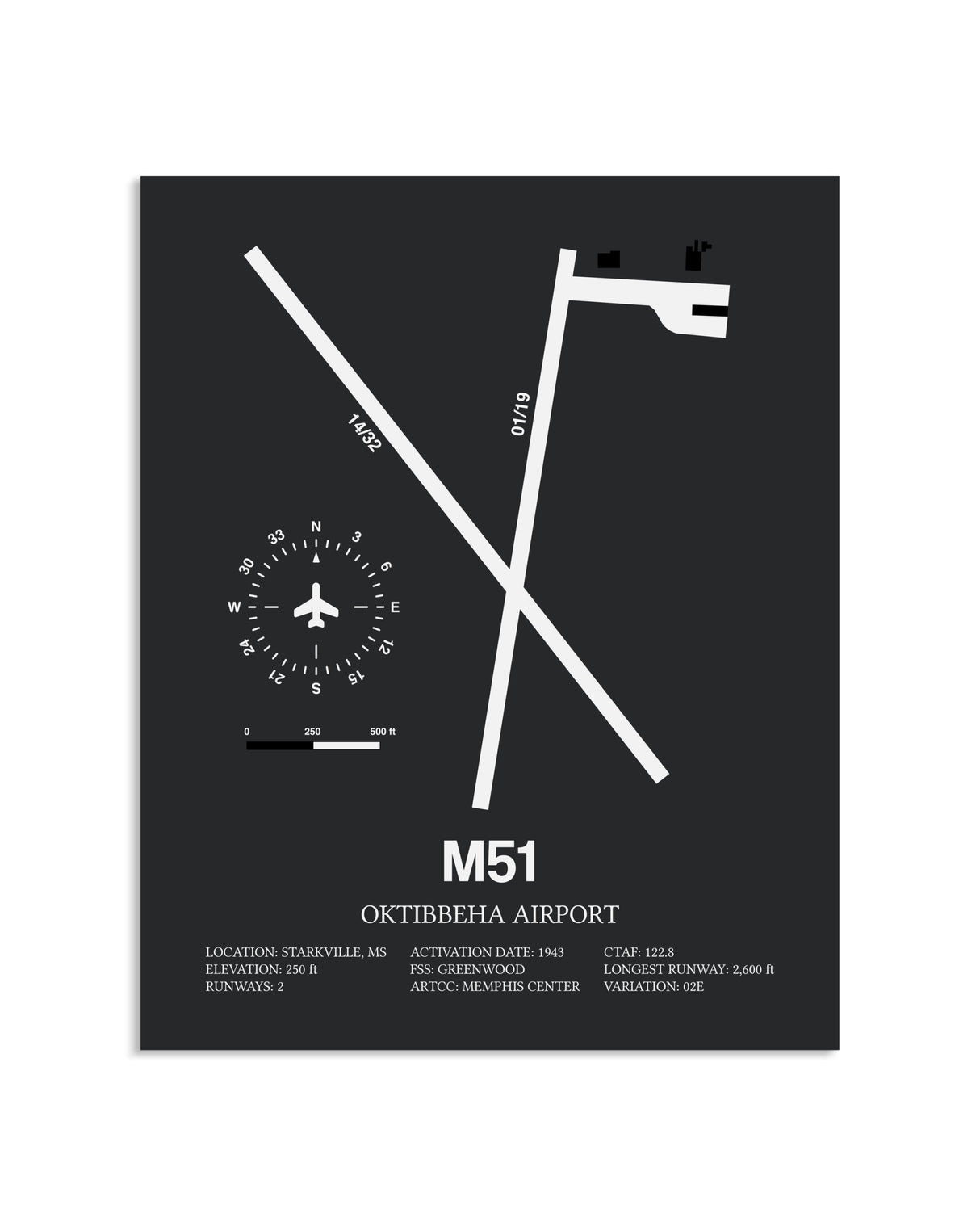 Gray Framed Oktibbeha Airport layout wall art poster