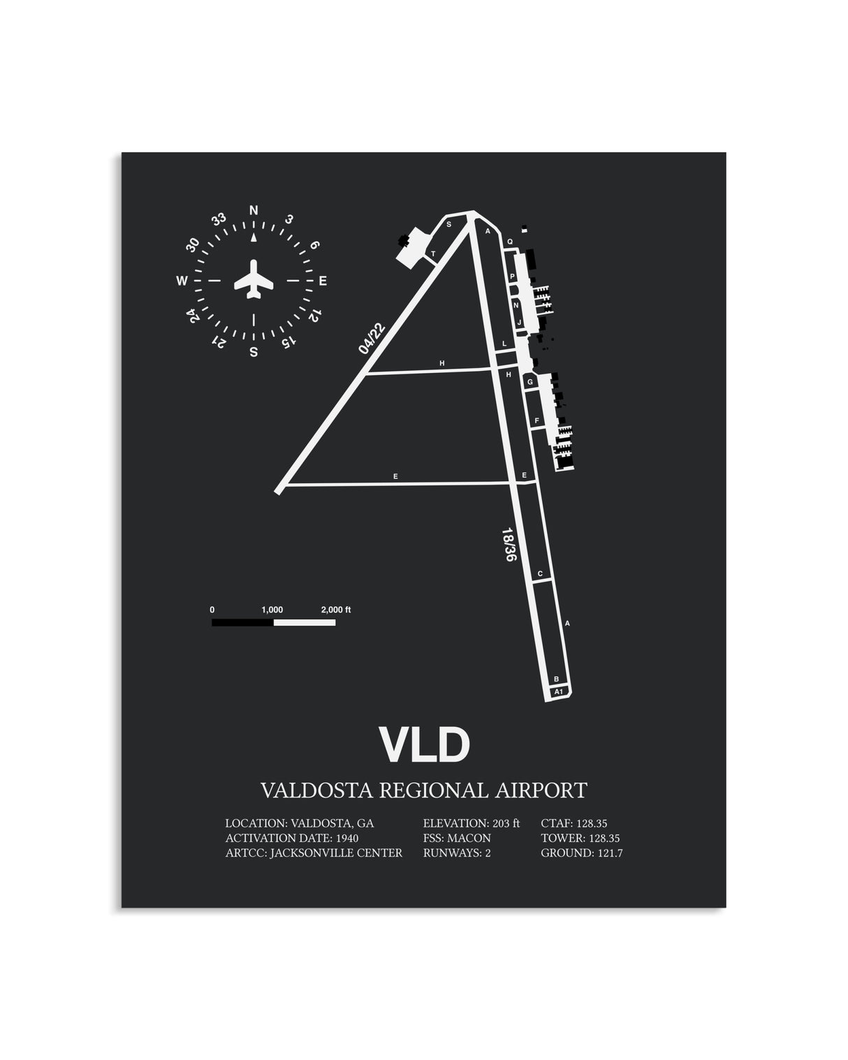 Gray Framed Valdosta Regional Airport layout wall art poster