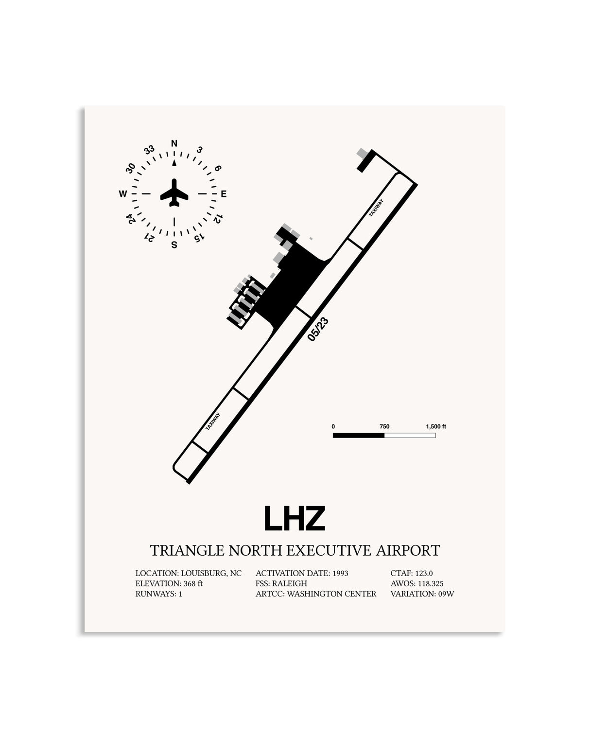 Gray Triangle North Executive Airport framed poster displayed in an airplane hangar