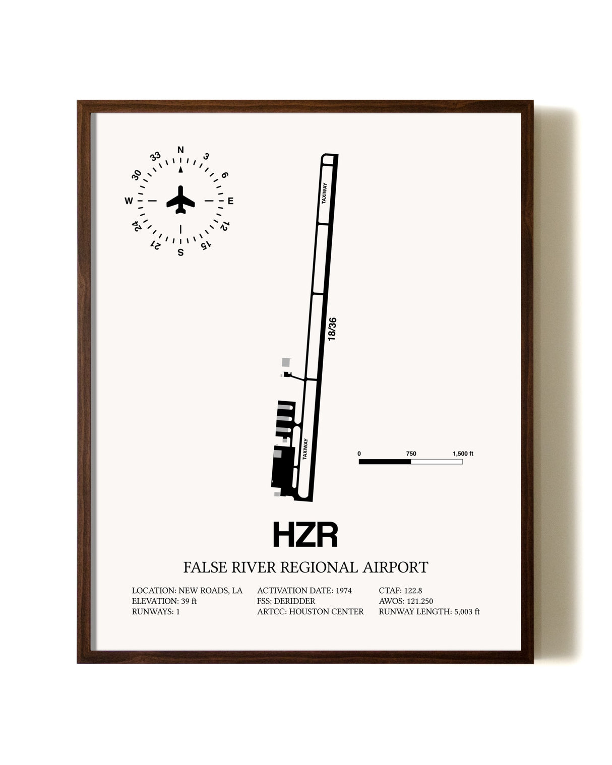 False River Regional Airport aviation print in walnut frame