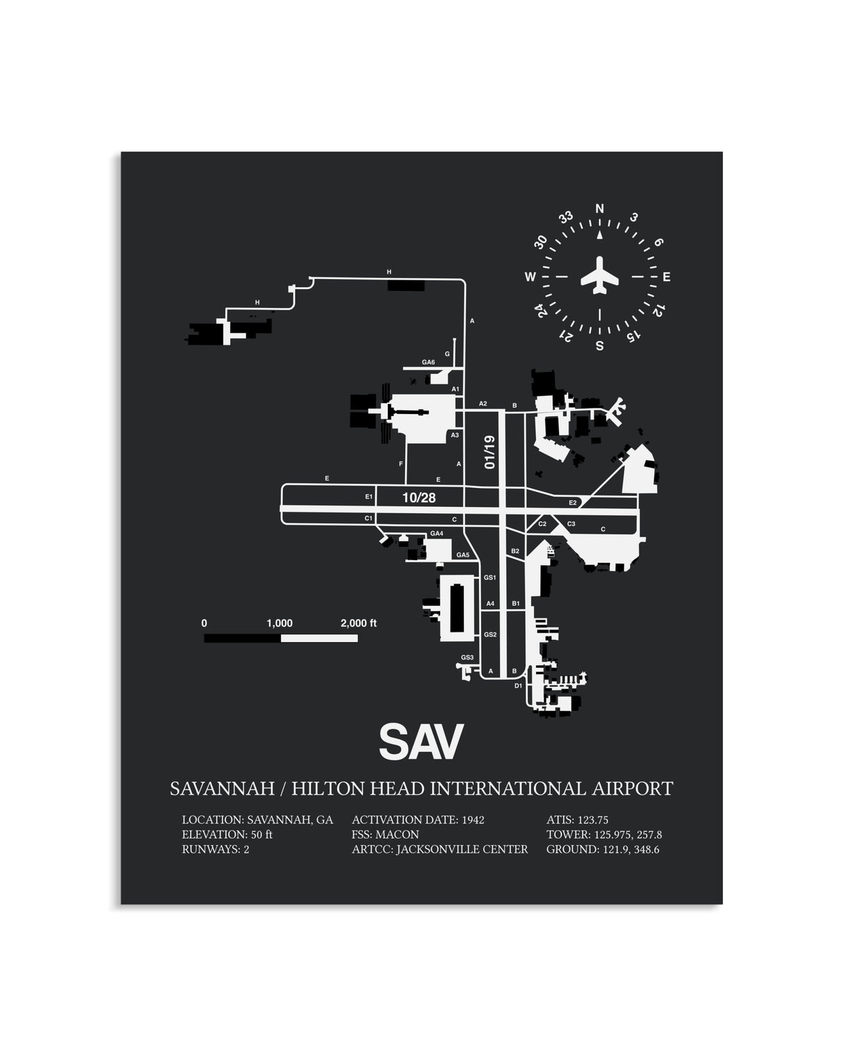Gray Framed Savannah / Hilton Head International Airport layout wall art poster