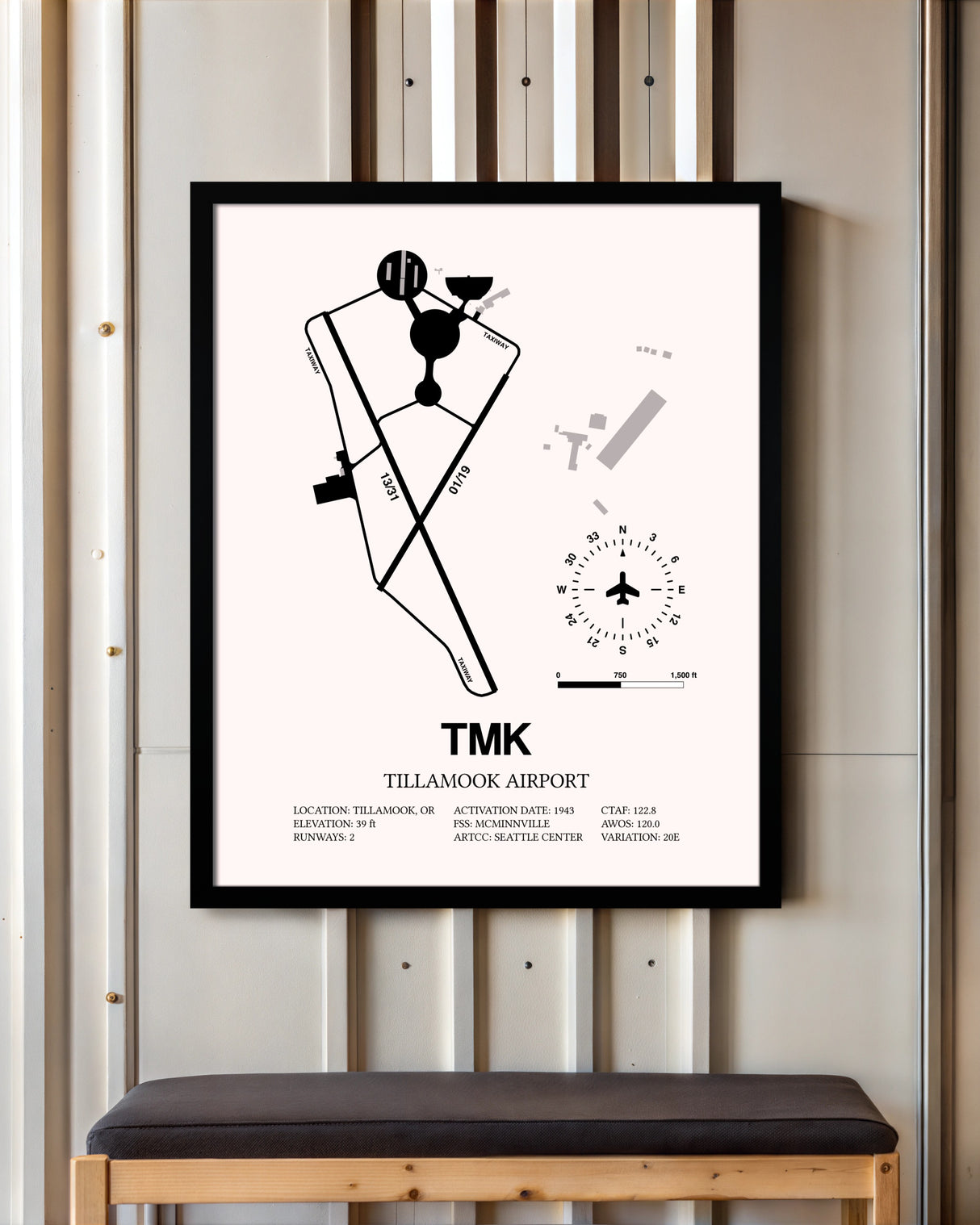 Tillamook Airport framed poster displayed in an airplane hangar