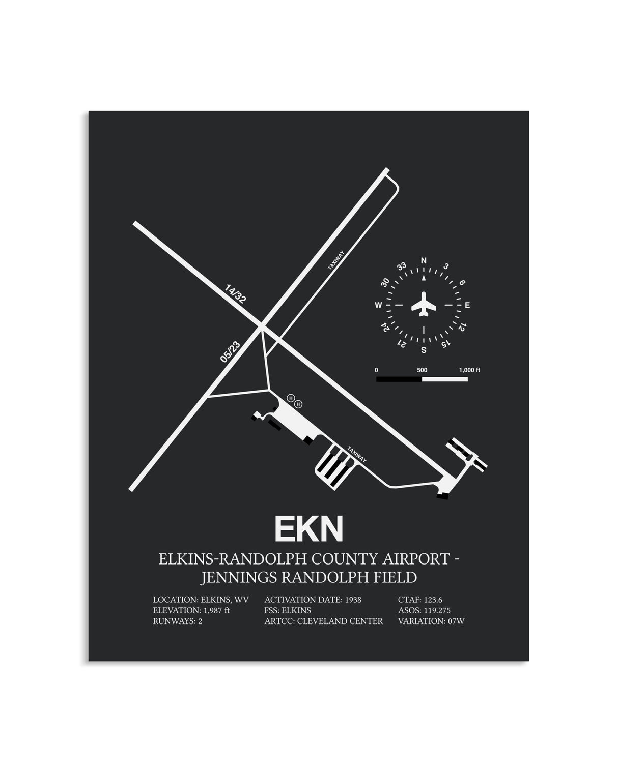 Gray Framed Elkins-Randolph County Airport-Jennings Randolph Field layout wall art poster