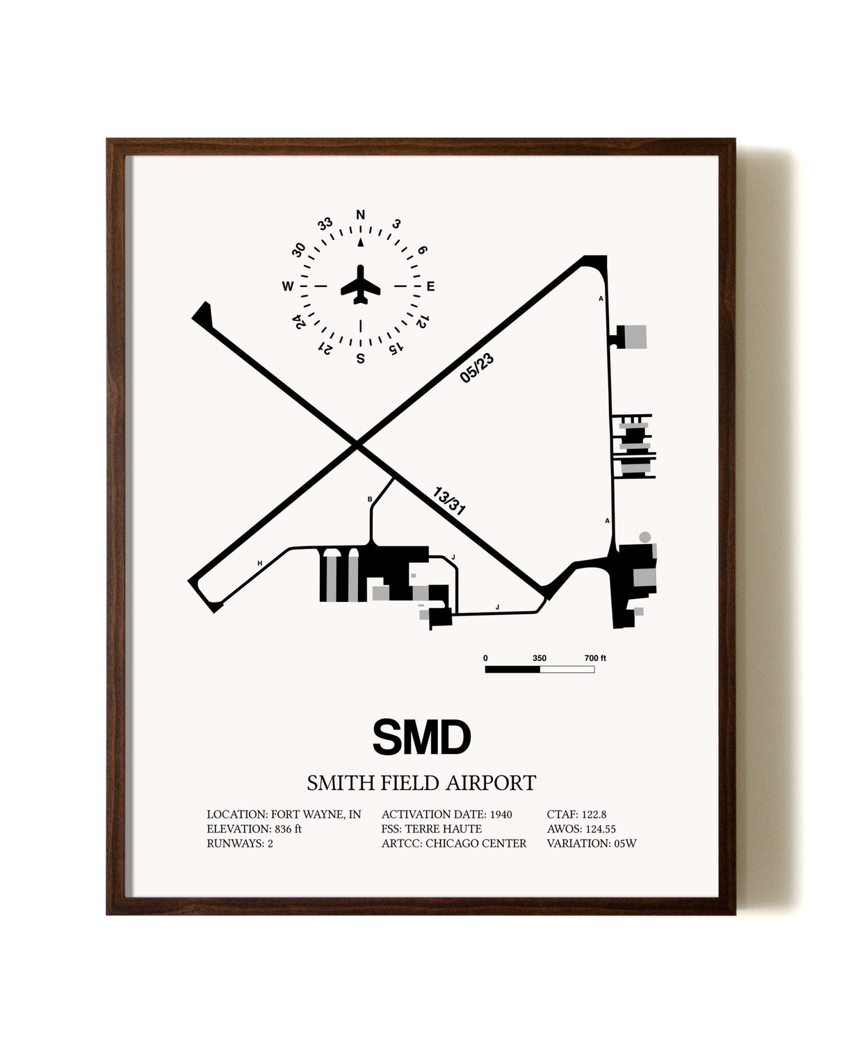 Smith Field Airport aviation print in walnut frame