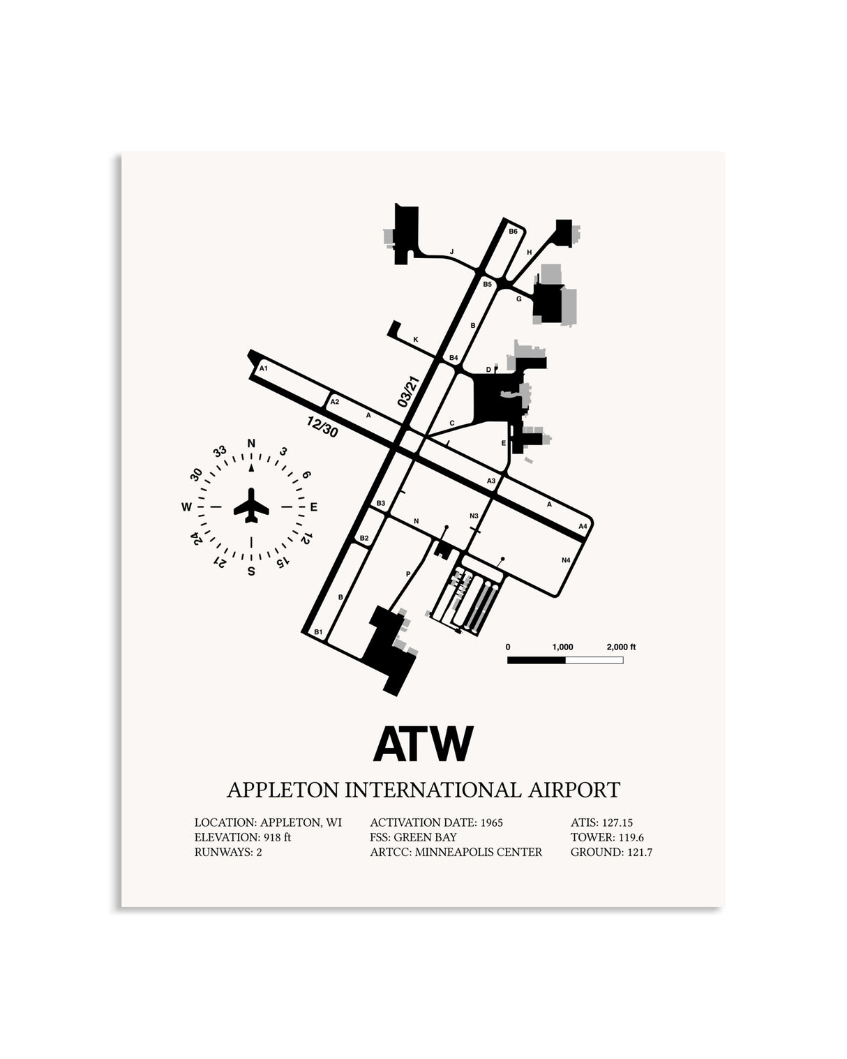 Gray Appleton International Airport framed poster displayed in an airplane hangar