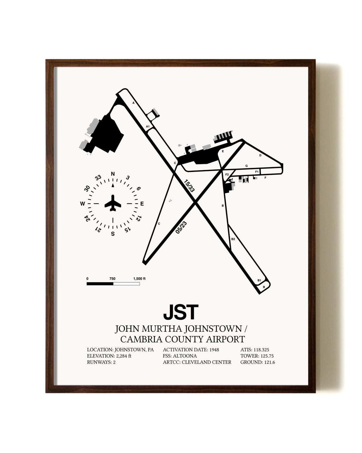 John Murtha Johnstown / Cambria County Airport aviation print in walnut frame