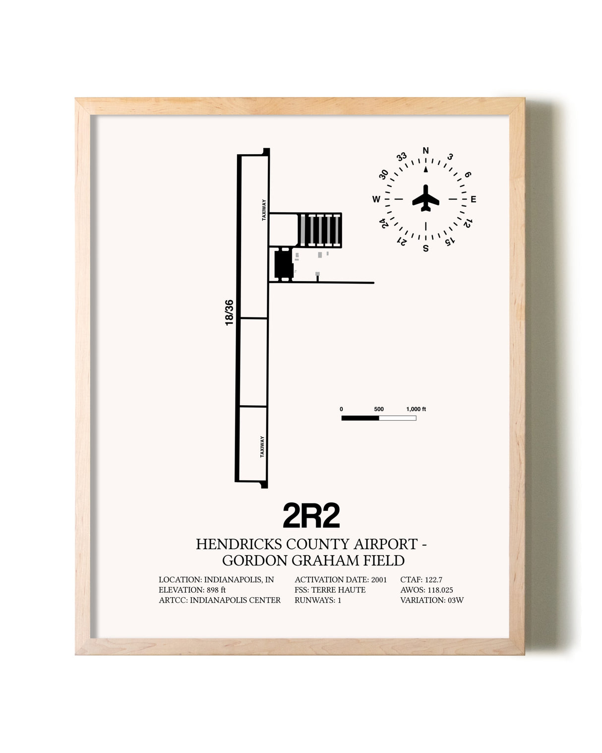 Hendricks County Airport-Gordon Graham Field framed wall art in white frame