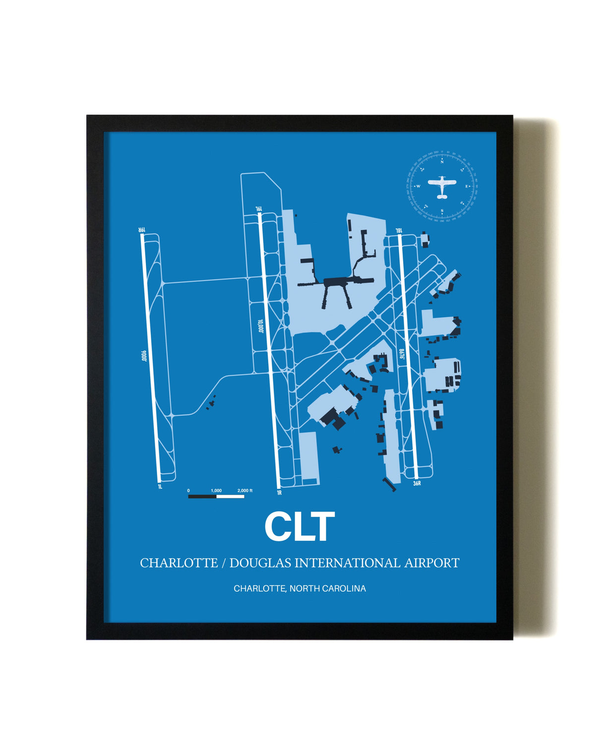 Sky Blue Charlotte / Douglas International Airport aviation wall décor in black wood frame