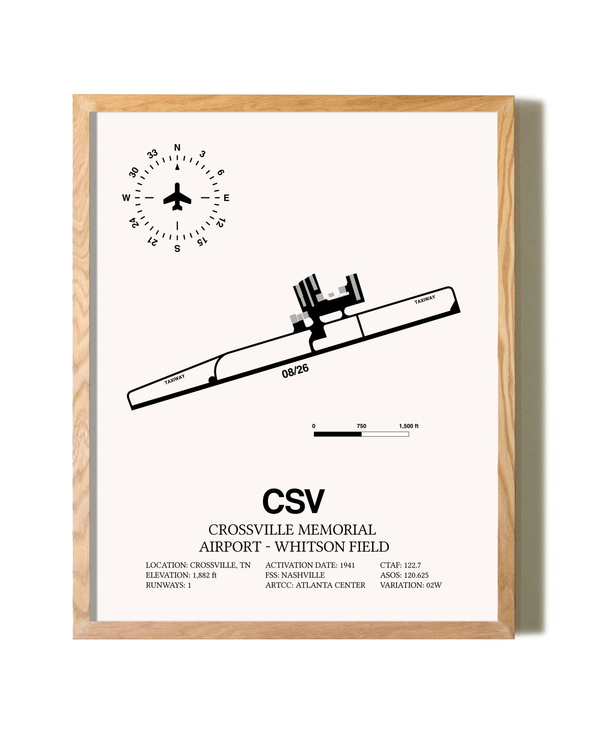 Crossville Memorial Airport-Whitson Field framed print in natural wood frame