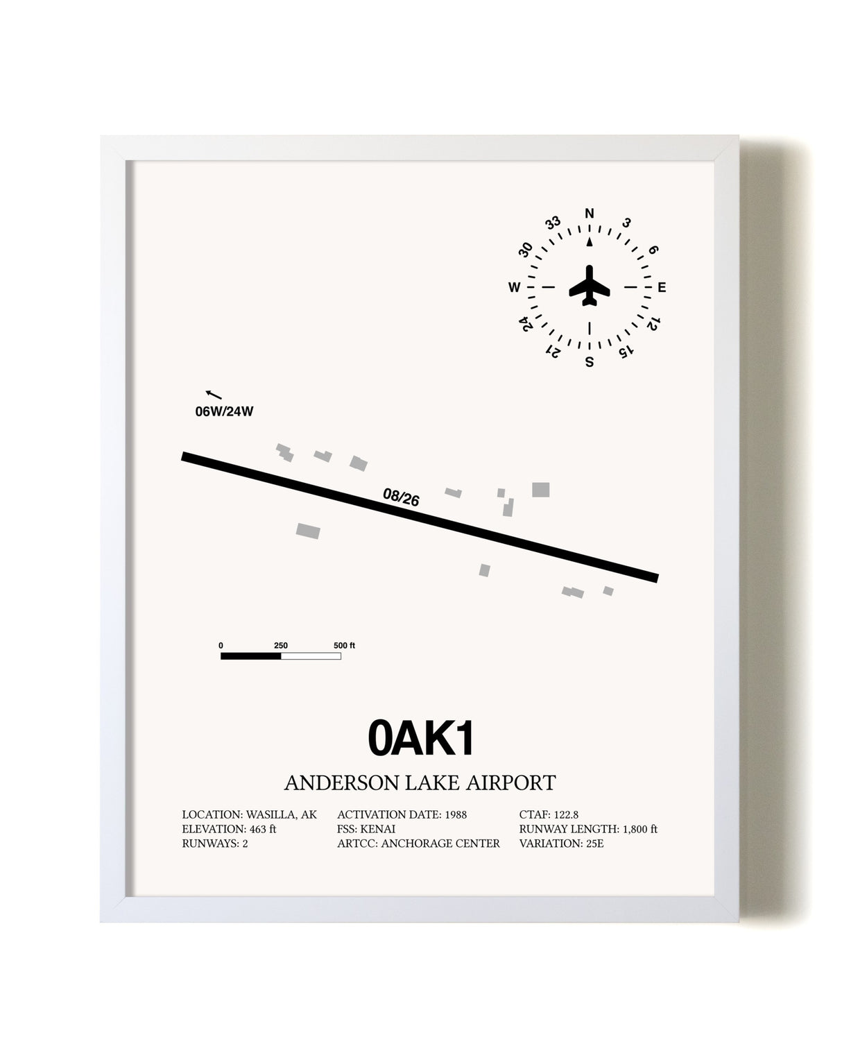 Anderson Lake Airport airport map poster in oak frame
