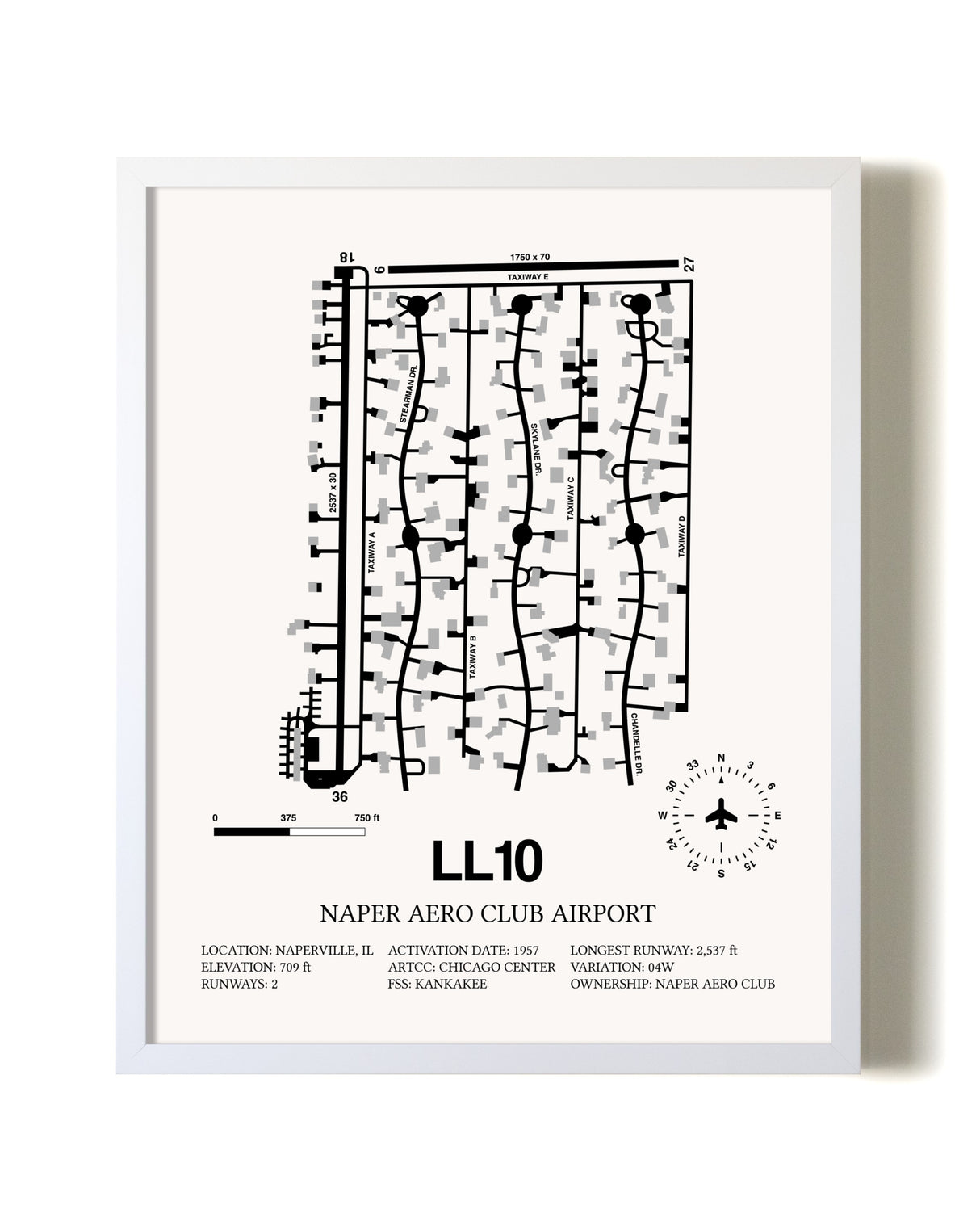 Naper Aero Club Airport airport map poster in oak frame