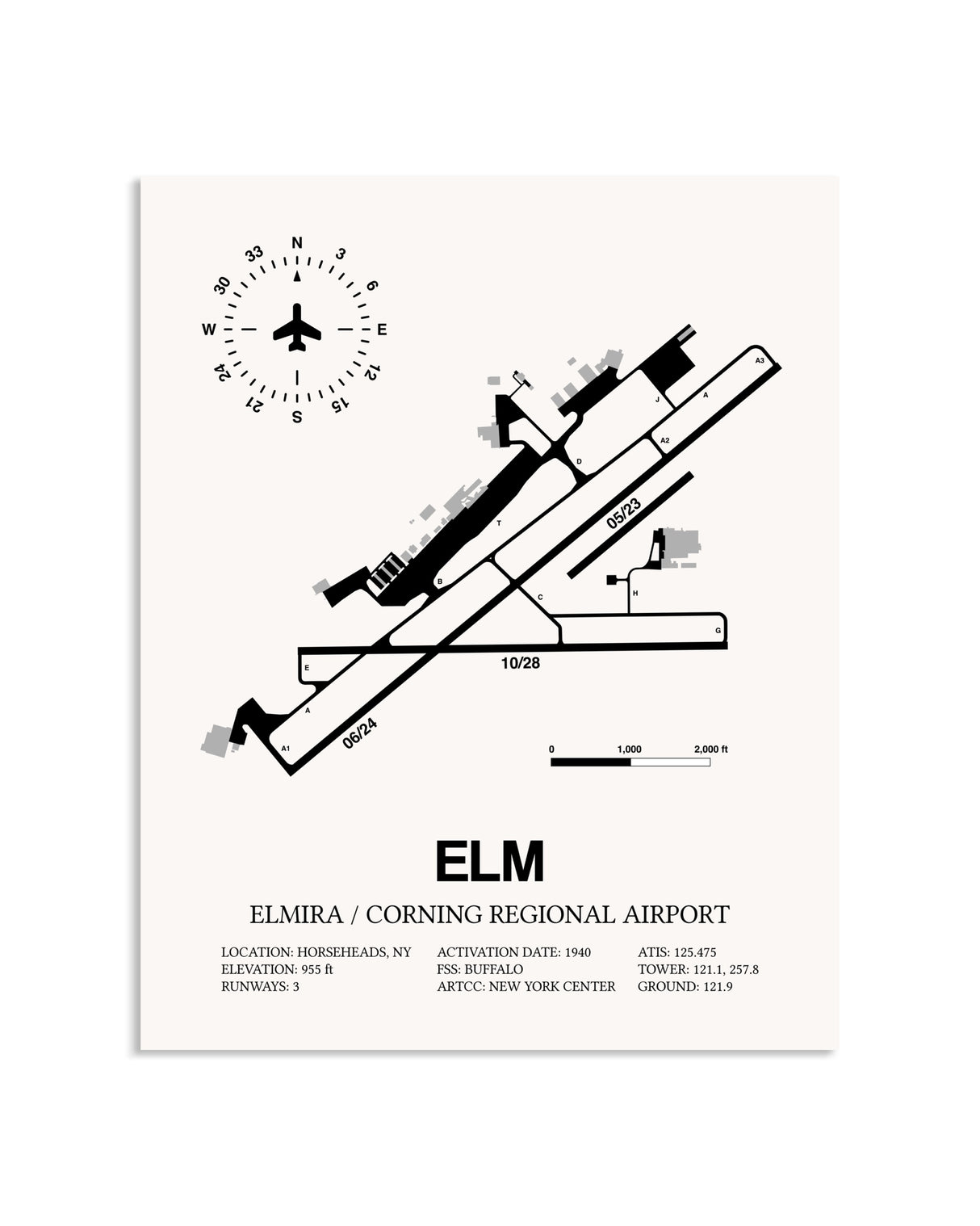 Gray Elmira / Corning Regional Airport framed poster displayed in an airplane hangar