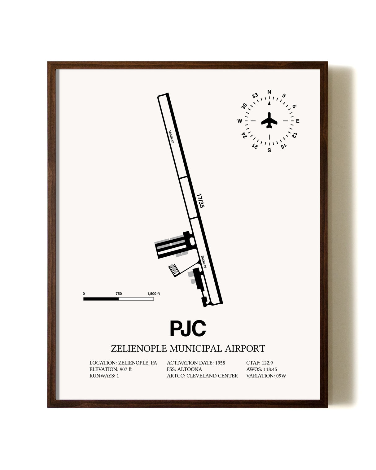 Zelienople Municipal Airport aviation print in walnut frame