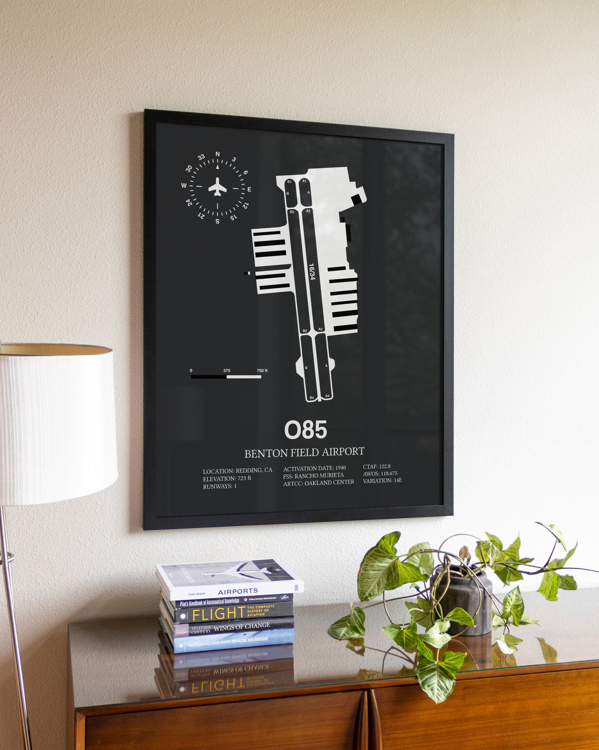 Gray Framed Benton Field Airport wall art poster in black frame