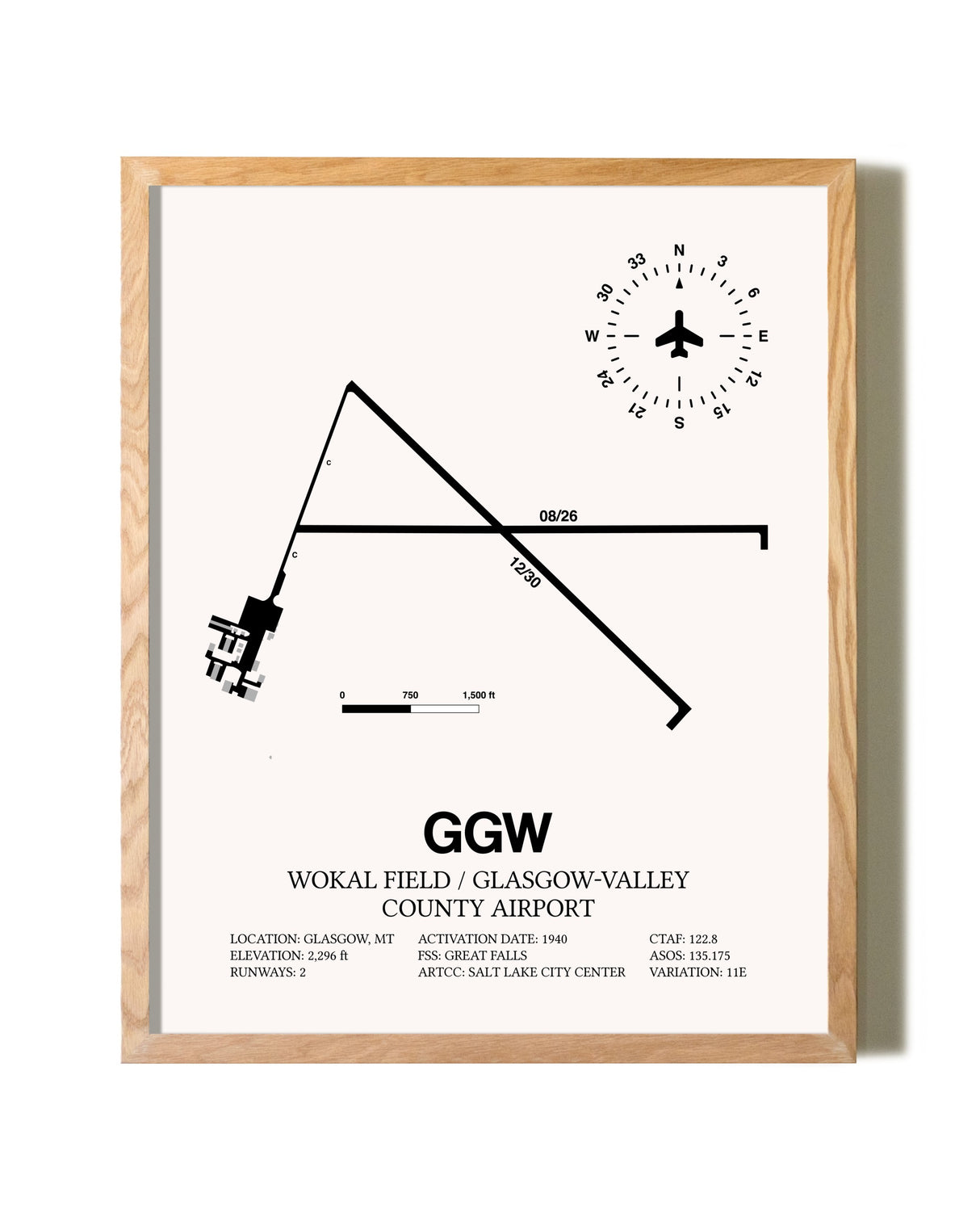 Wokal Field / Glasgow-Valley County Airport framed print in natural wood frame
