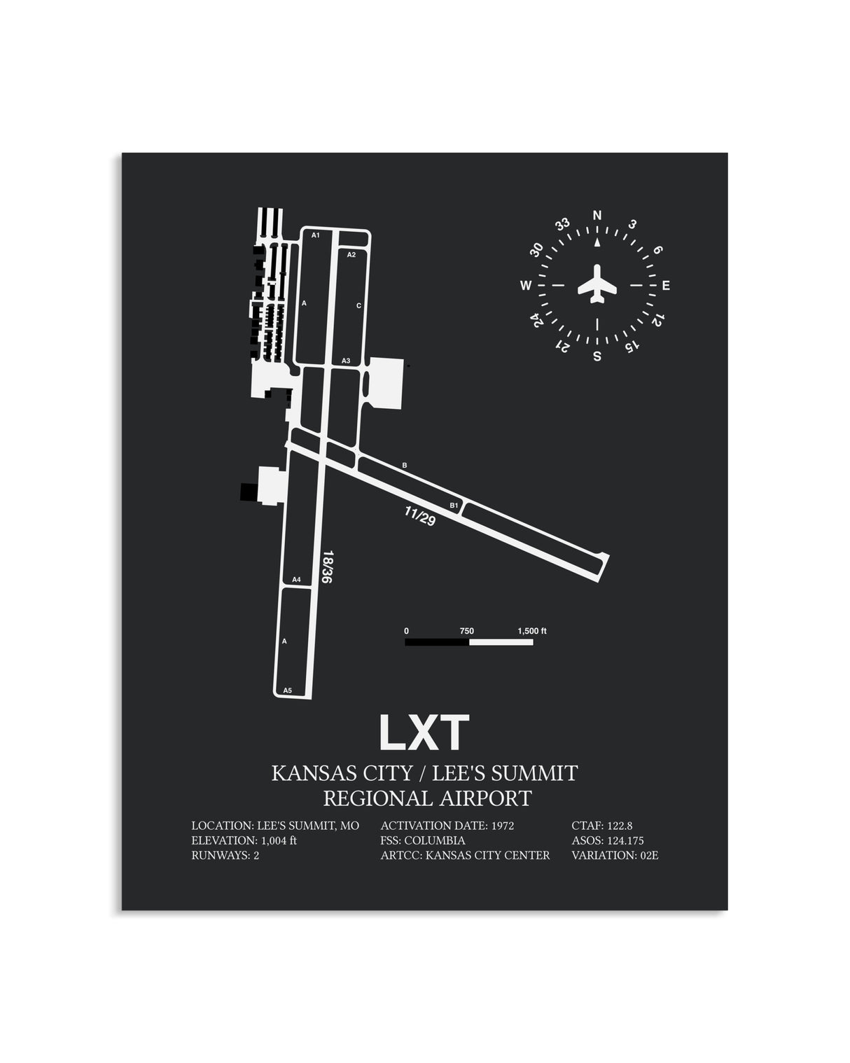 Gray Framed Kansas City / Lee's Summit Regional Airport layout wall art poster