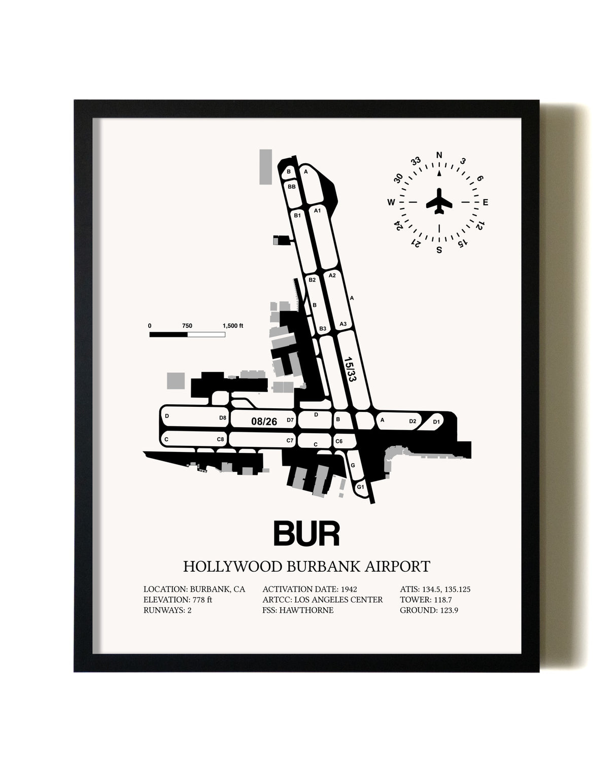 Framed Hollywood Burbank Airport wall art poster in black frame