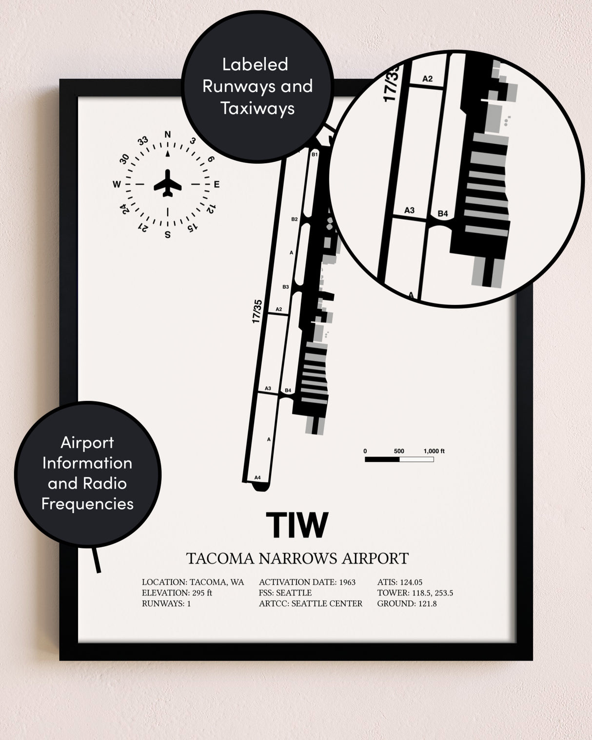 Framed Tacoma Narrows Airport layout wall art poster