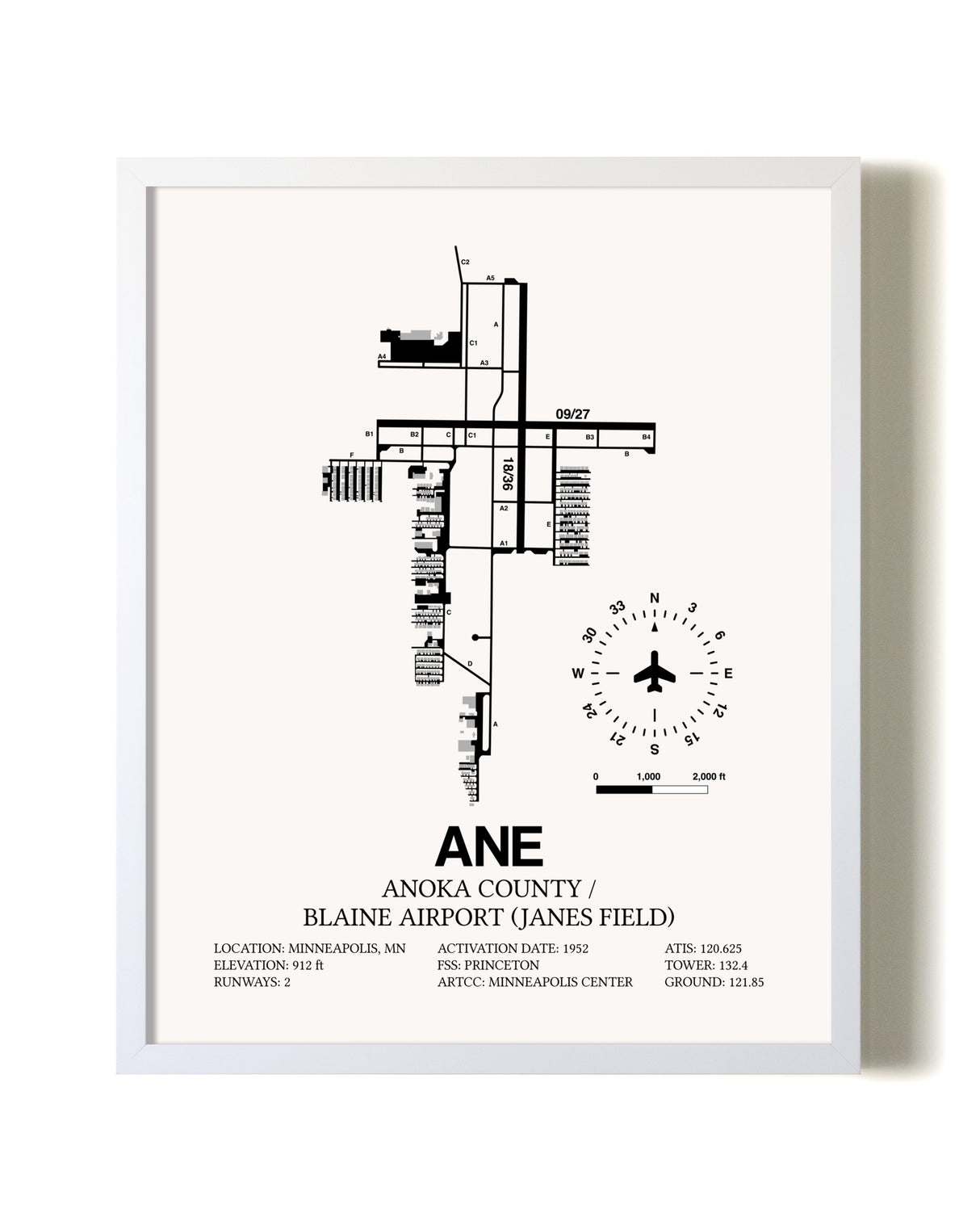 Anoka County/Blaine Airport (Janes Field) airport map poster in oak frame