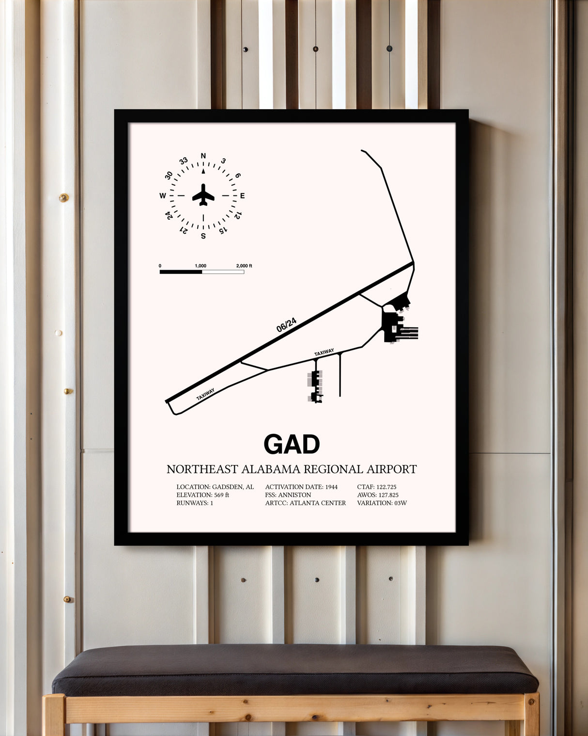 Northeast Alabama Regional Airport framed poster displayed in an airplane hangar