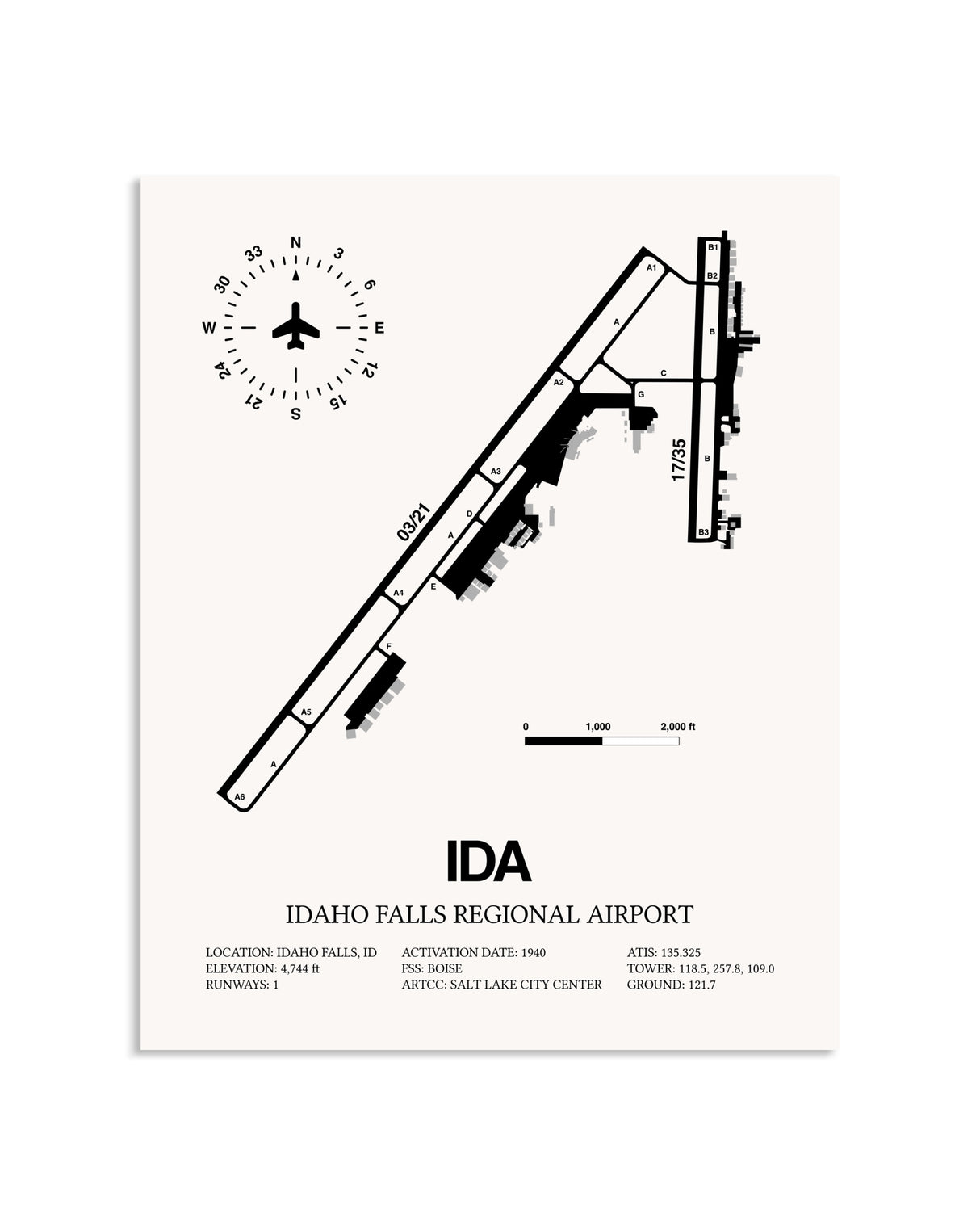 Gray Idaho Falls Regional Airport framed poster displayed in an airplane hangar