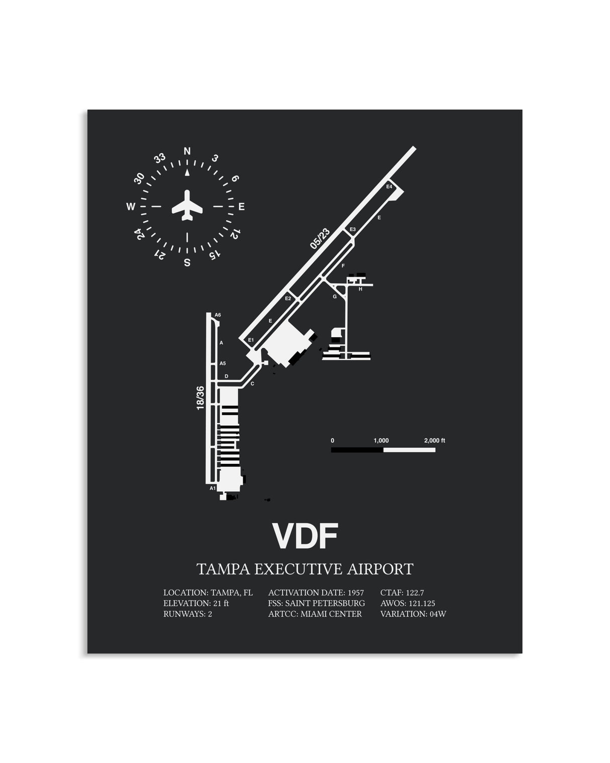 Gray Framed Tampa Executive Airport layout wall art poster