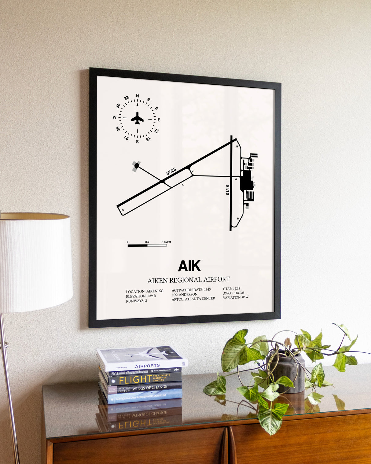 Aiken Regional Airport aviation wall décor in black wood frame