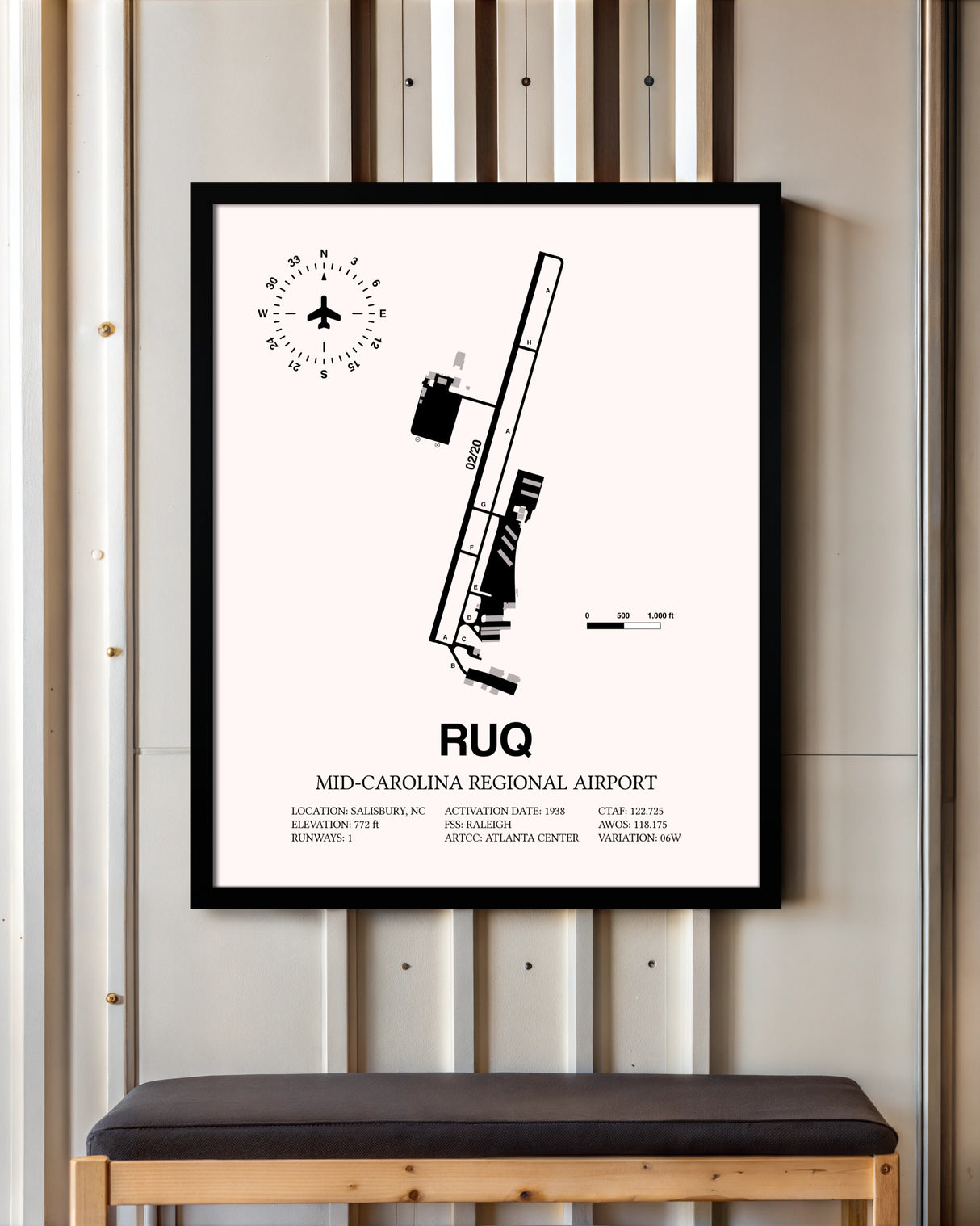 Mid-Carolina Regional Airport framed poster displayed in an airplane hangar