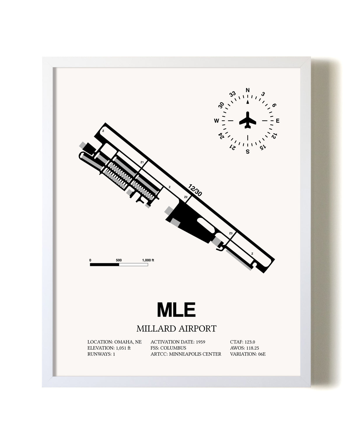 Millard Airport airport map poster in oak frame