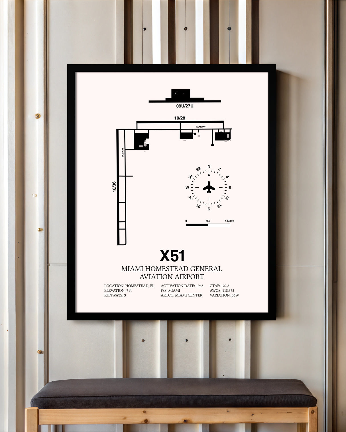 Miami Homestead General Aviation Airport framed poster displayed in an airplane hangar