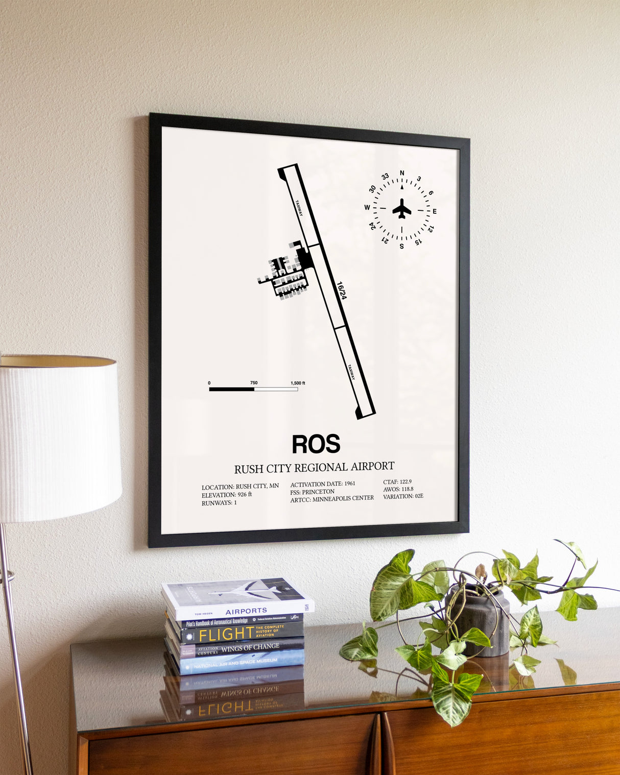 Rush City Regional Airport aviation wall décor in black wood frame
