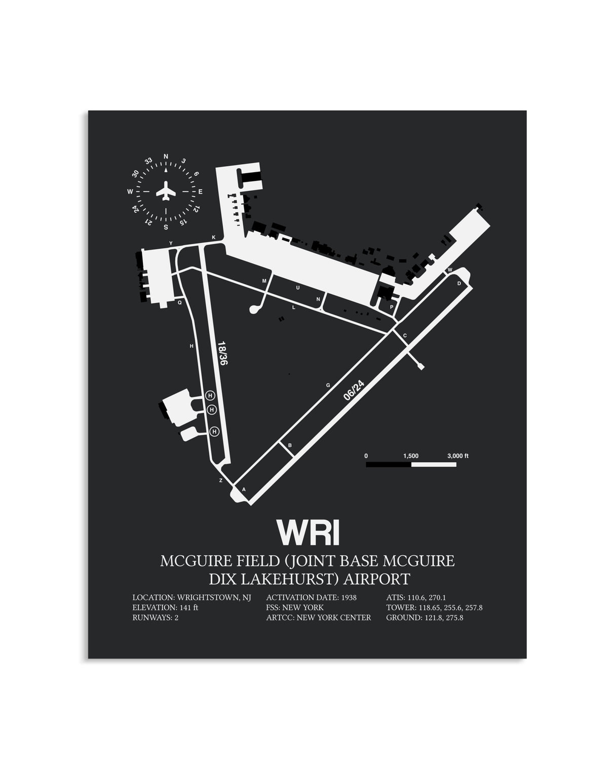 Gray Framed McGuire Field (Joint Base McGuire Dix Lakehurst) Airport layout wall art poster
